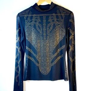Elaborate Glam Blouse Gold-tone stud embellished blue mesh semi-sheer bodycon